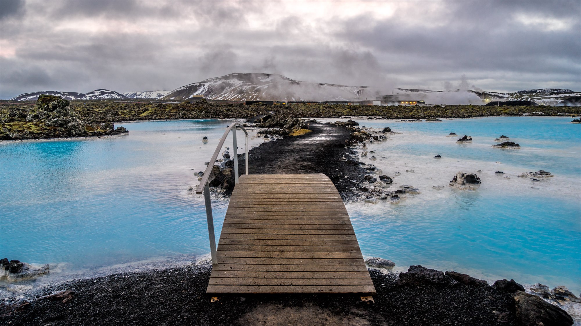 Blue lagoon in Iceland, wooden bridge