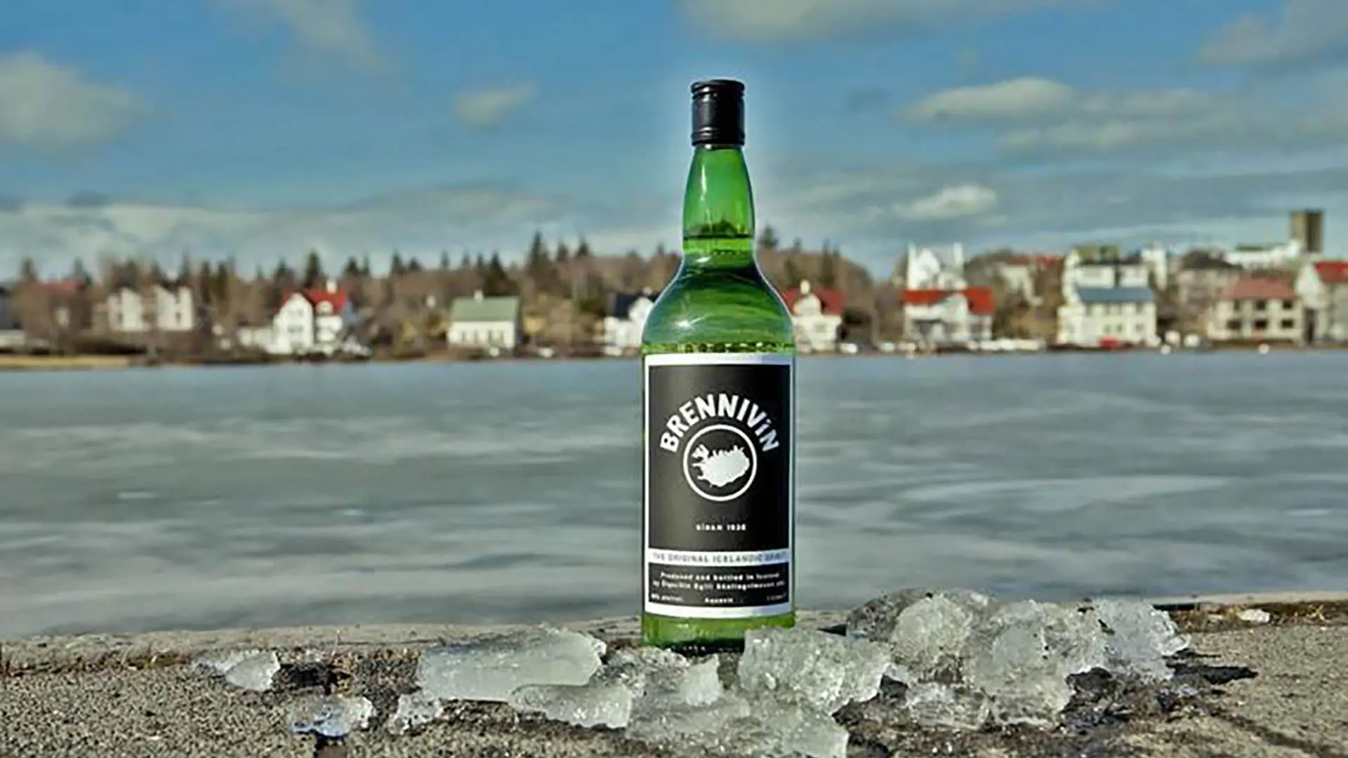 A bottle of Brennivín rests on ice beside Reykjavík’s frozen Tjörnin pond, blending Icelandic spirit with a frosty view