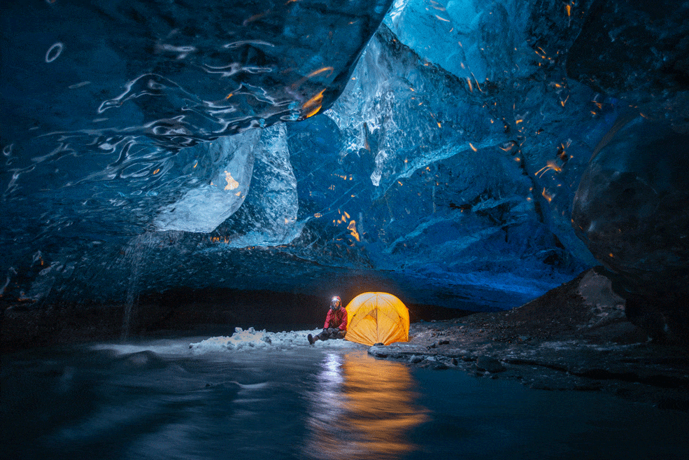 Camping in an Icelandic Ice Cave A glowing tent set inside a magical Icelandic ice cave captures the thrill of winter camping like no hotel room ever could.