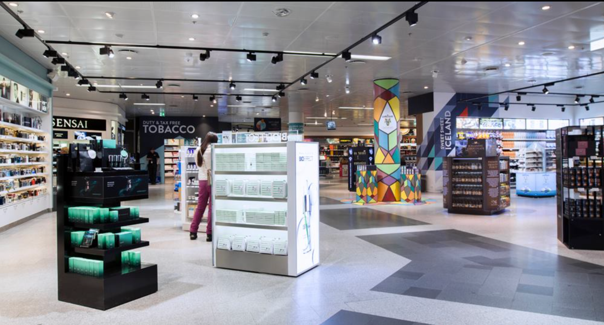Inside the duty-free store at Keflavík Airport, where smart travelers stock up on alcohol before hitting Iceland’s prices.