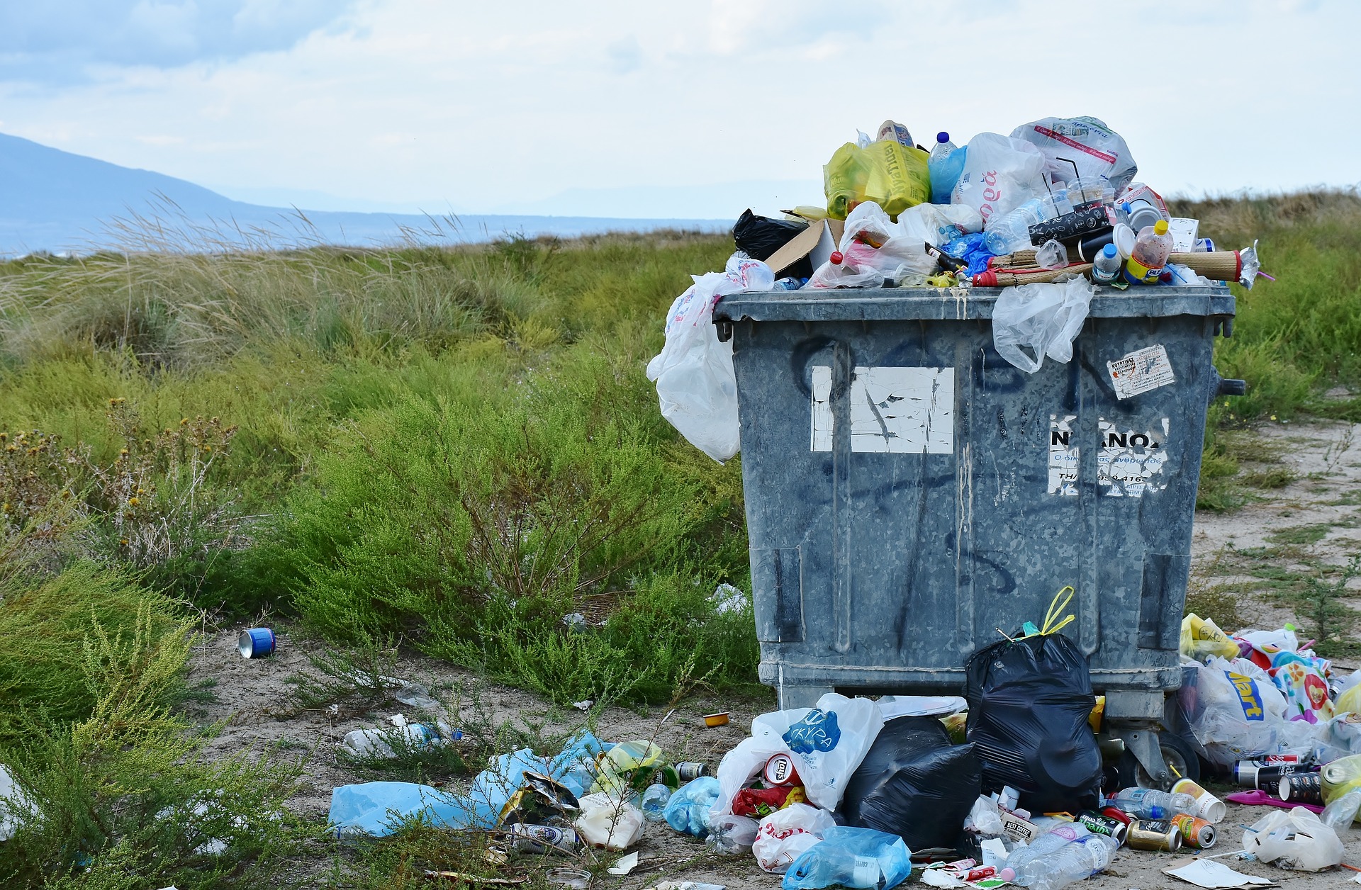 Overflowing Trash Bin in the Wild A garbage container surrounded by litter in a grassy field, showing the ugly side of tourism when people forget basic camping etiquette.