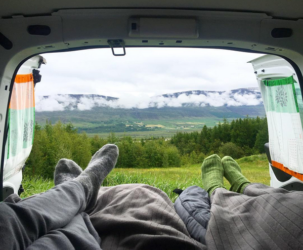 View from inside a campervan parked in Icelandic nature, highlighting the freedom of campervan travel around Iceland.
