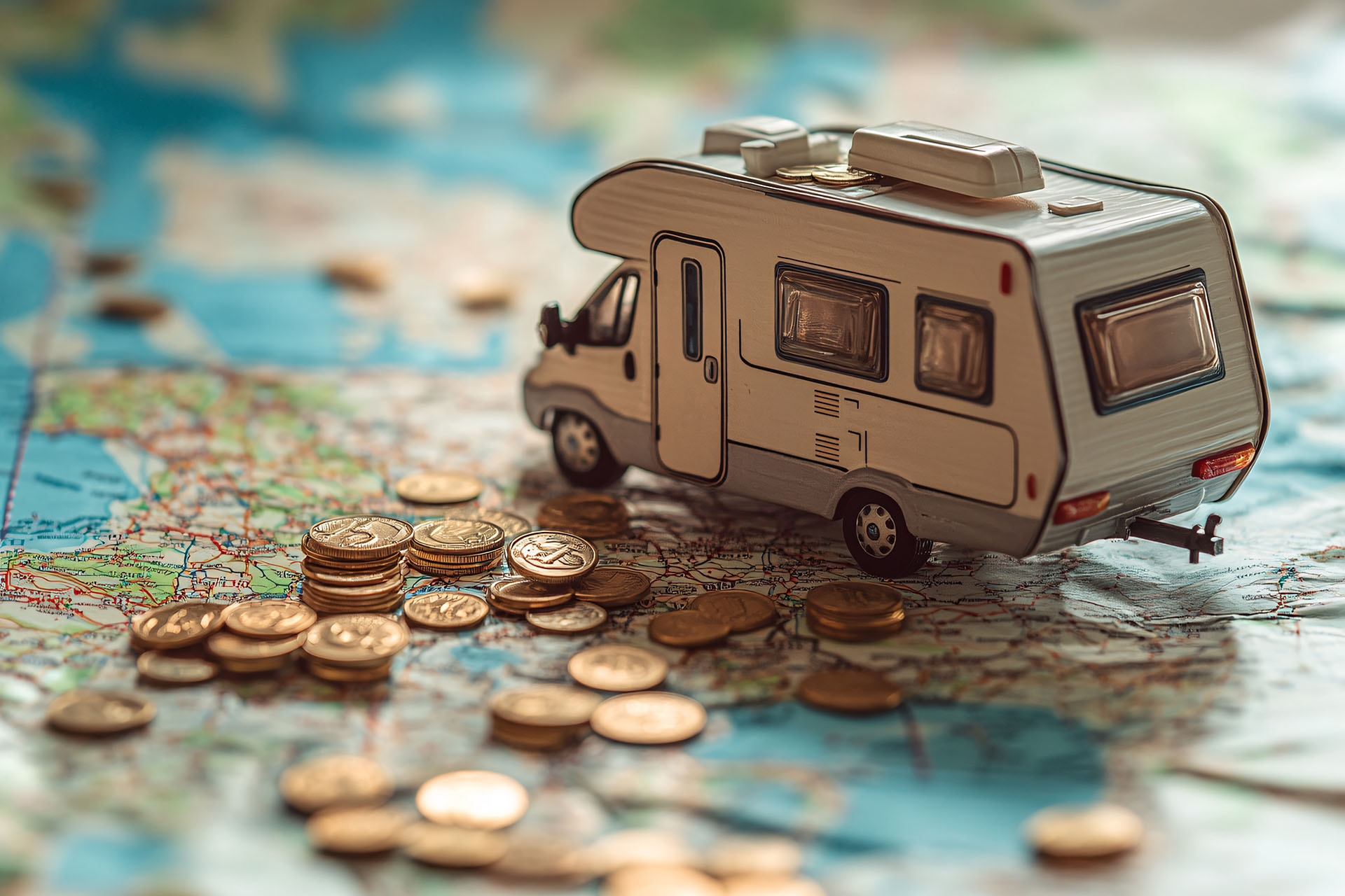 Toy campervan with coins on a map, representing Iceland travel budget planning and campervan travel costs.