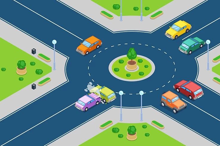 Animated image showing a traffic accident at a roundabout with colorful cars.