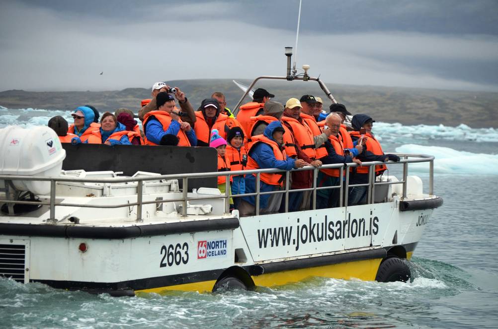 amphibian boat with people on it a at Jokulsarlon Glacier Lagoon