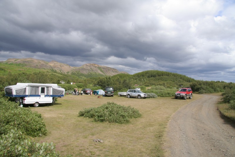Forest Parking at Þjórsárdalur Camper vans tucked beside a forest clearing in Þjórsárdalur Valley, surrounded by greenery and mountain views – a quiet base for exploring waterfalls and ruins.