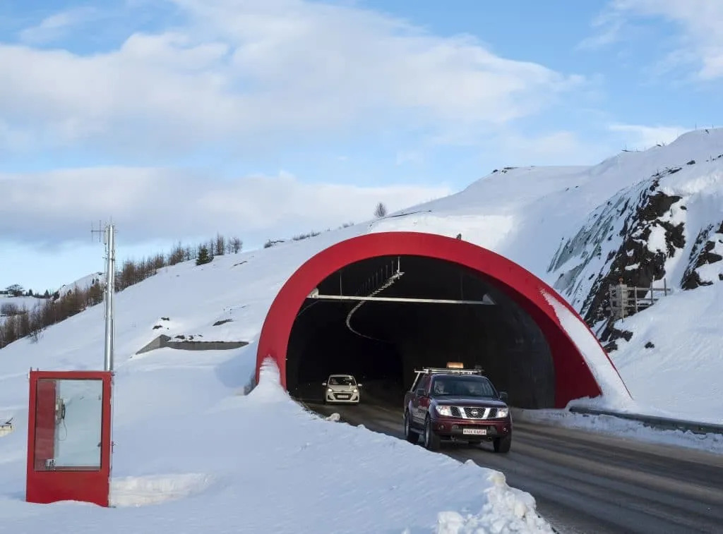 Entrance of the Vaðlaheiðargöng tunnel in winter conditions, the only toll road in Iceland drivers need to know about.