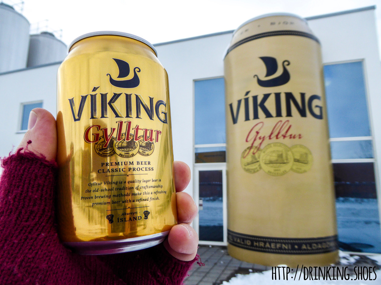 A can of Viking Gylltur lager in front of its giant twin – Iceland’s beer culture with a golden twist.